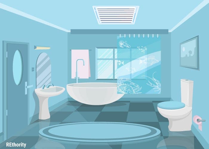 A ceiling-mounted bathroom exhaust fan displayed in graphical form