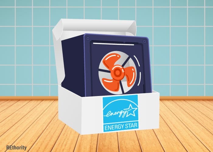 To symbolize that the best bath fans are energy star rated, an image of a black bath fan without its casing put into a box with the energy star label on it