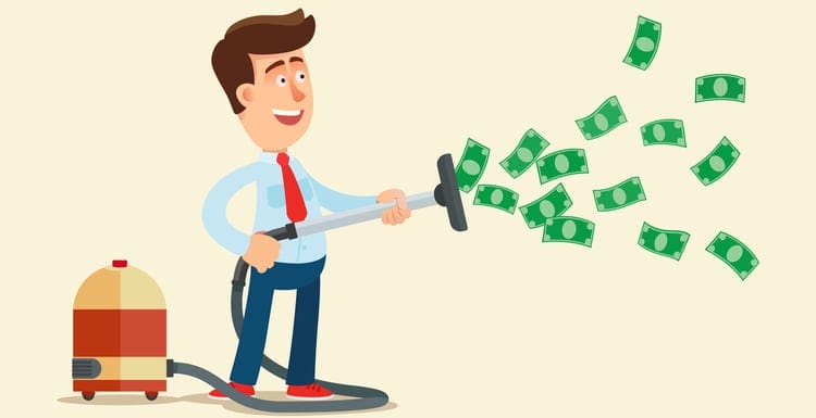 Smiling businessman holding vacuum cleaner and catching money banknotes. Easy money, mad earning - concept. Freebie and lottery. Business vector illustration, flat design, cartoon style, isolated as an image for a piece on how much money can you make as a real estate agent