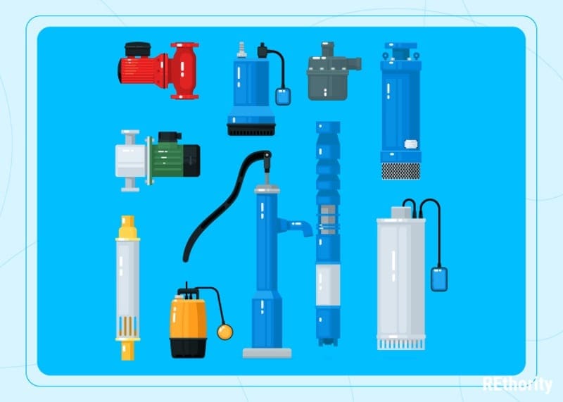 Bunch of sump pumps sitting against a blue background for a piece on how to install a sump pump
