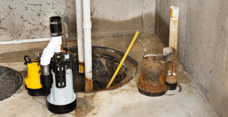 For a piece on how to install a sump pump, two new pumps sit on a concrete slab above the hole