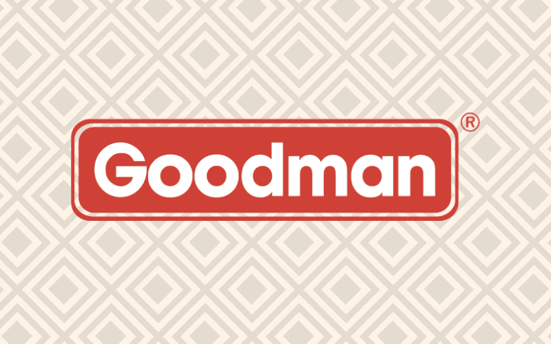 Goodman, one of the best furnace brands, logo on a plain tan background