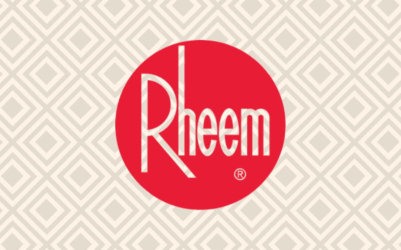 Rheem, one of the best furnace brands, logo on a plain tan background