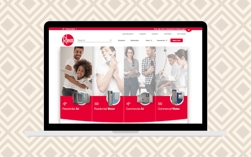 Rheem website snapshot for a piece on Rheem vs AO Smith