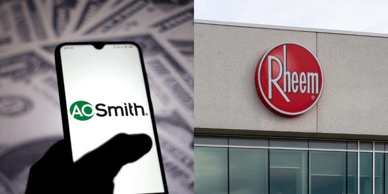 Side by side image of AO Smith vs Rheem logos displayed on a building and on a phone