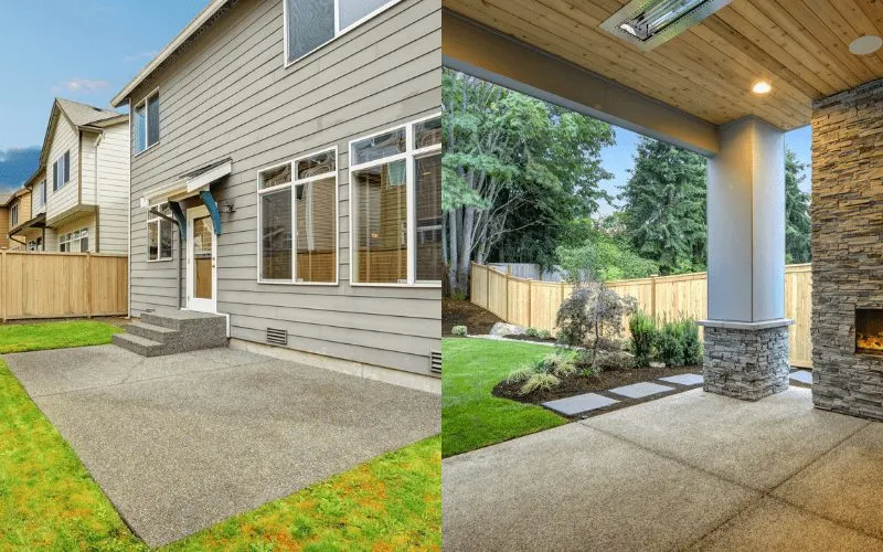 A low vs high concrete patio cost featuring two side by side images of a simple and fancy backyard