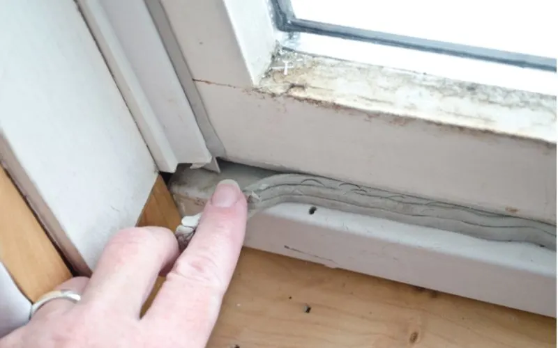 To illustrate the benefits of window glazing, a hand points at a window seal that reduces the energy efficiency