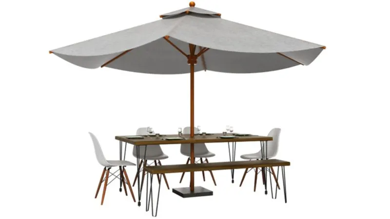 Patio umbrella to provide shade from the sun for its wooden and metal table below the grey umbrella