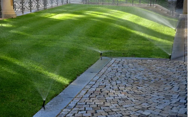 The best time to water grass featuring in an image of an in-ground sprinkler system being run