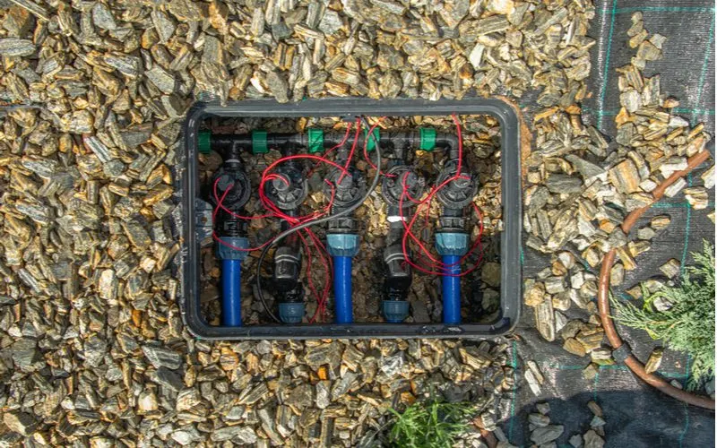 Image of a sprinkler box with valves inside a mulched area to help diagnose when sprinklers wont turn off