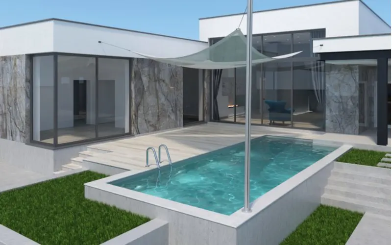 Rendering of a loosely suspended canvas patio shade above a pool and pool deck
