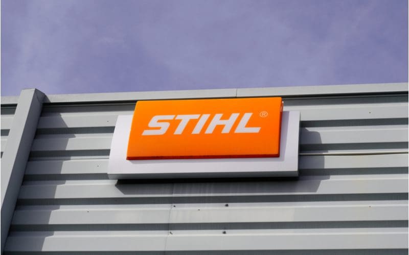 Image of a Stihl logo on a german shop for a piece on lawn mower brands to avoid
