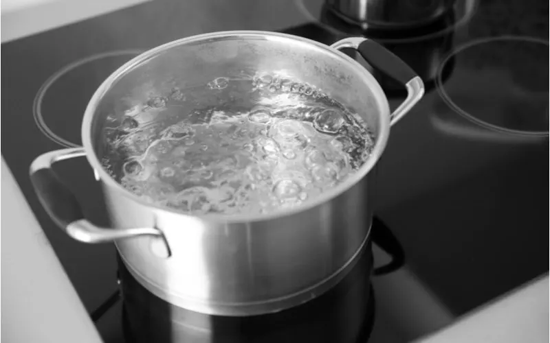 Boiling water in a stainless steel pot for a piece on how to unclog a double kitchen sink with standing water