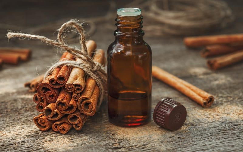 Image of cinnamon oil in a glass jar next to a bundle of cinnamon on a wooden table