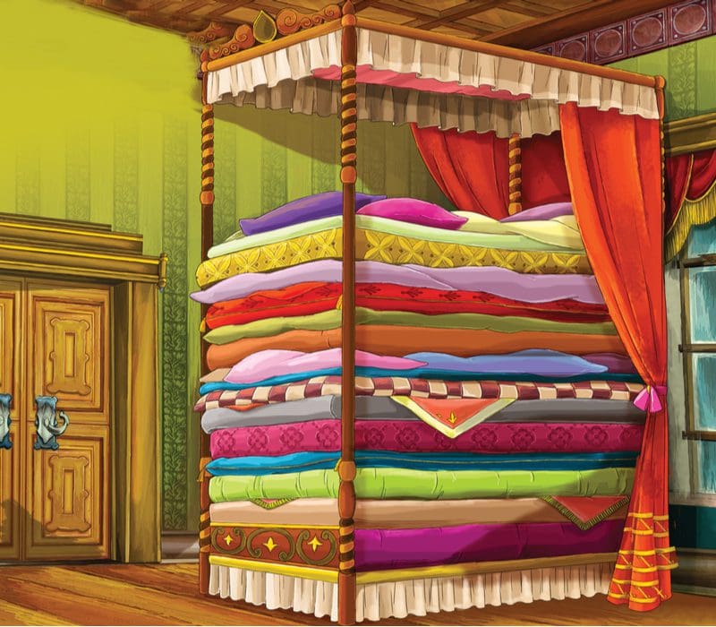 Cartoon with a ridiculously high bed featuring about 10 mattresses