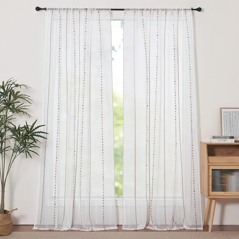 Pureaqu – Faux Linen Stripe Pattern Sheer Curtains