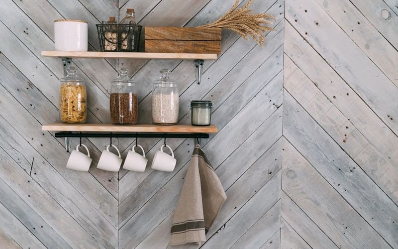 Shelves with coffee mugs above your counter