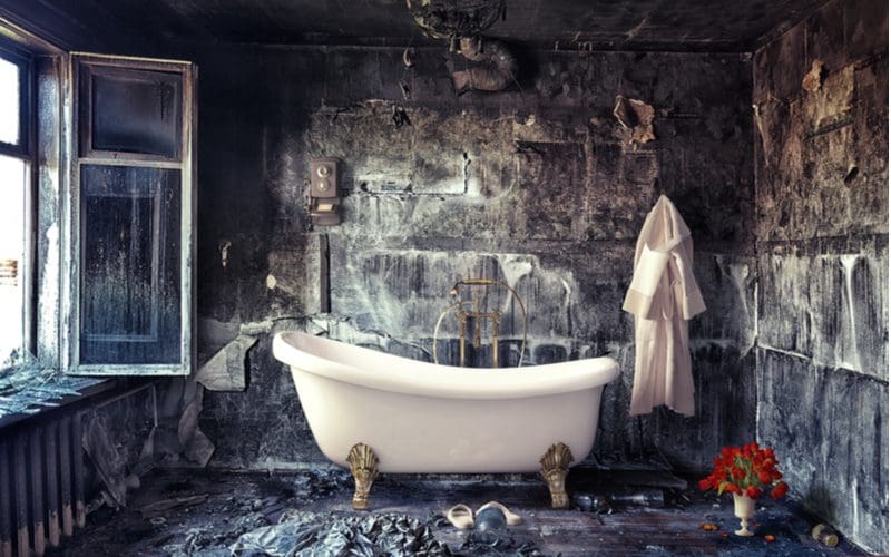 New white clawfoot tub in the middle of a burned-out room for a piece on artistic takes on bathroom ideas