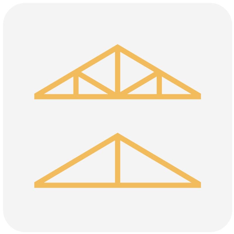 Graphic showing the difference between trusses vs rafters on a plain grey background