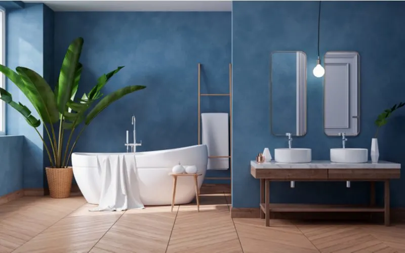 Bathroom idea with blue walls and brown herringbone tile floors with a raised tub and giant plant in front of the window