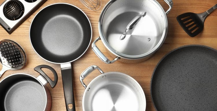 Layflat image of various pots and pans from the best cookware brands