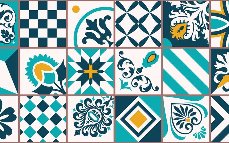 More colorful tiles in green and white geometric patterns for a piece on Mexican kitchen design elements