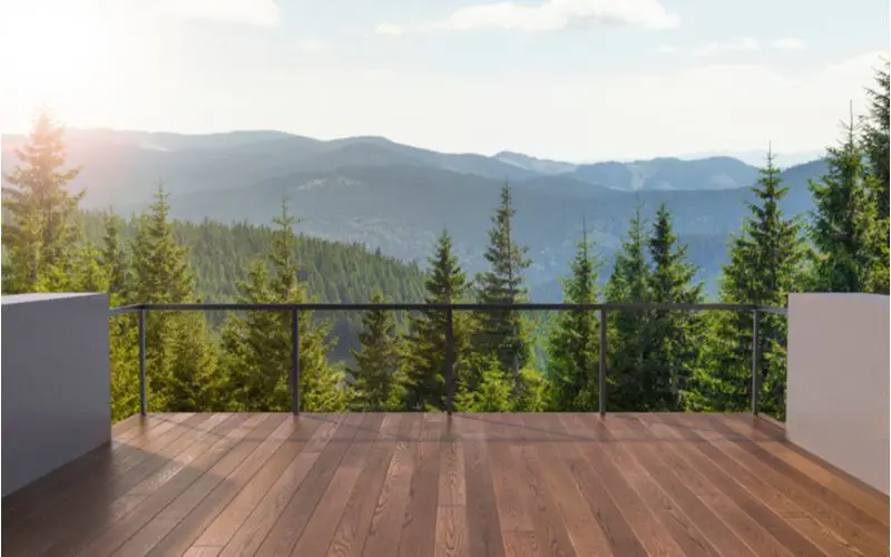 Metal deck railing idea with glass in the middle of the frames overlooking a beautiful pine-lined forest