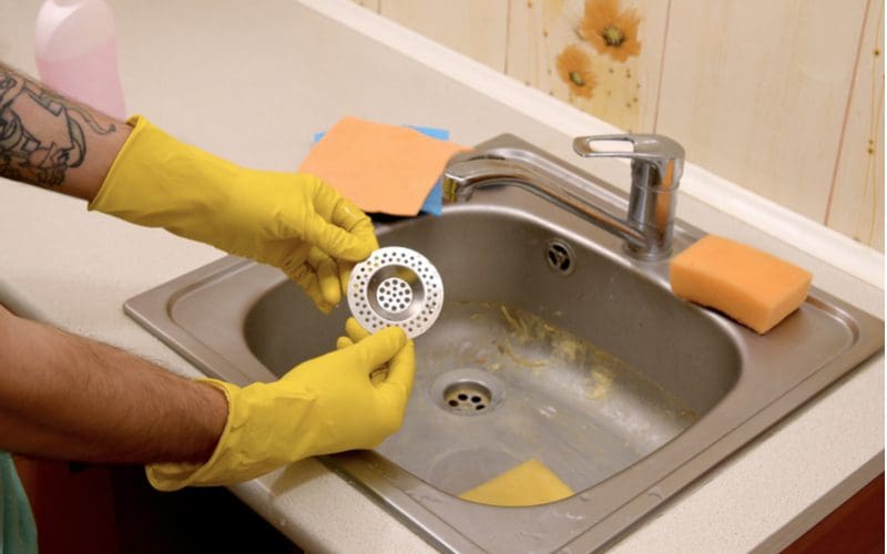Image for a piece on how to get rid of little black worms featuring two hands in yellow rubber gloves cleaning a drain filter
