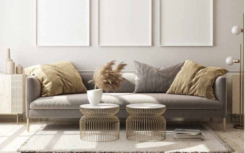 Dark brown living room couch idea featuring neutral tone pillows 