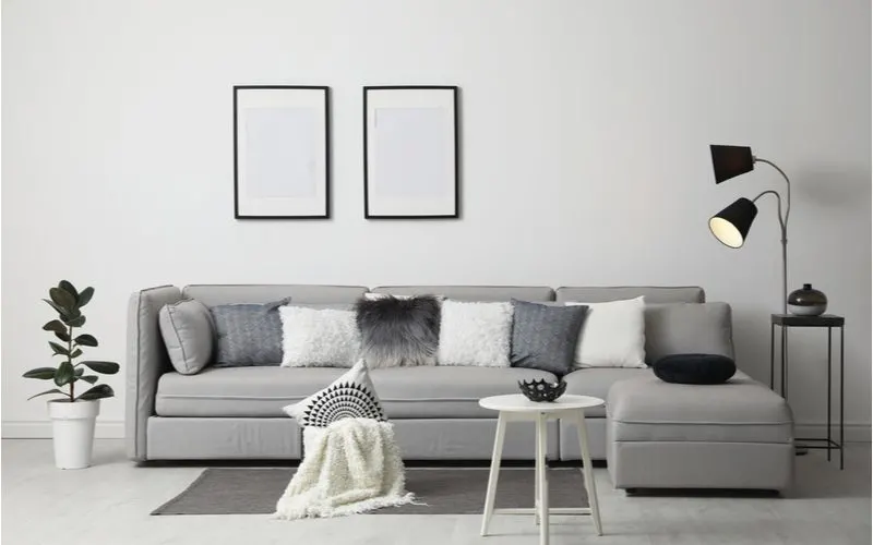 Grey couch living room idea featuring lots of muted black and grey colors in the decorations