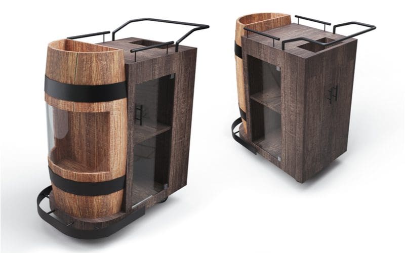 For a piece on basement bar ideas, a wine barrel bar cart with glass sides