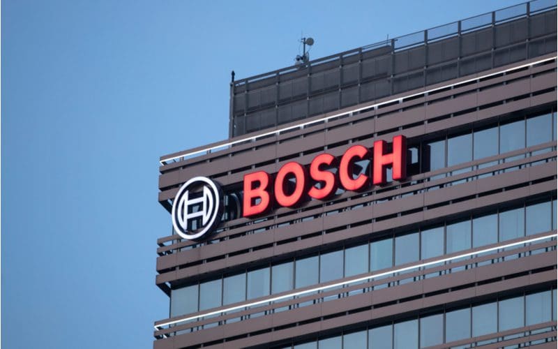 Bosch, one of the best washer and dryer brands, in a red logo on the side of a building
