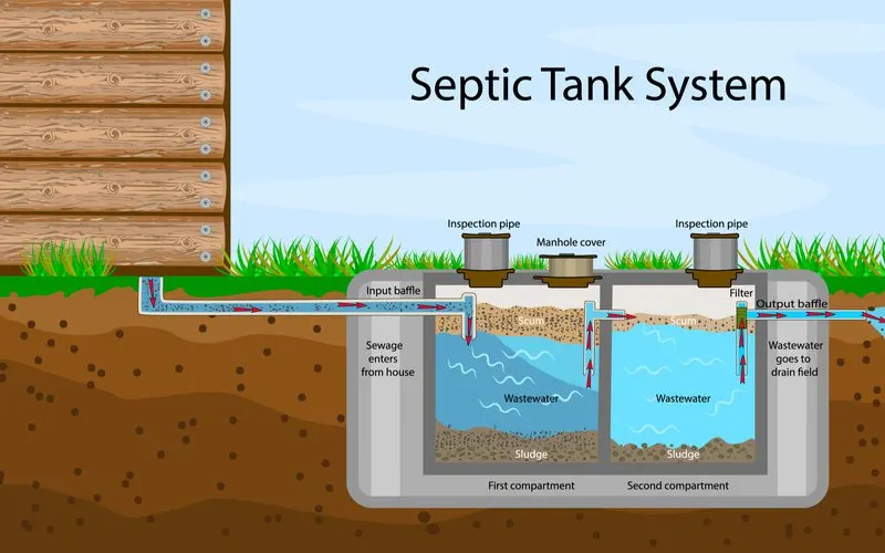 Image titled what is a septic tank system showing how the entire system works by following a flow of water out of a house and into the drain field in a graphic