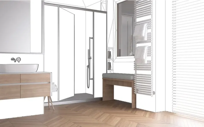 Standard shower size sketched out in a graphic image with the rest of the bathroom coming to life in a real image