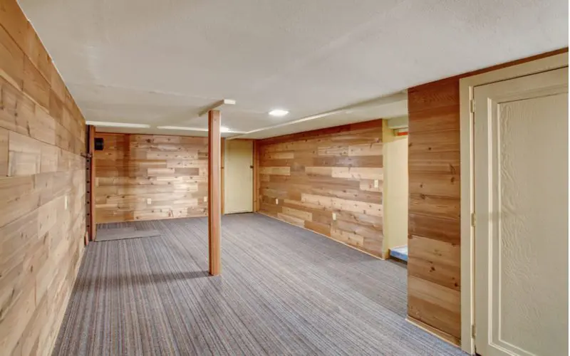 Contrasting color basement idea with light and natural pine wood shiplap contrasting a mid-colored grey carpet flooring