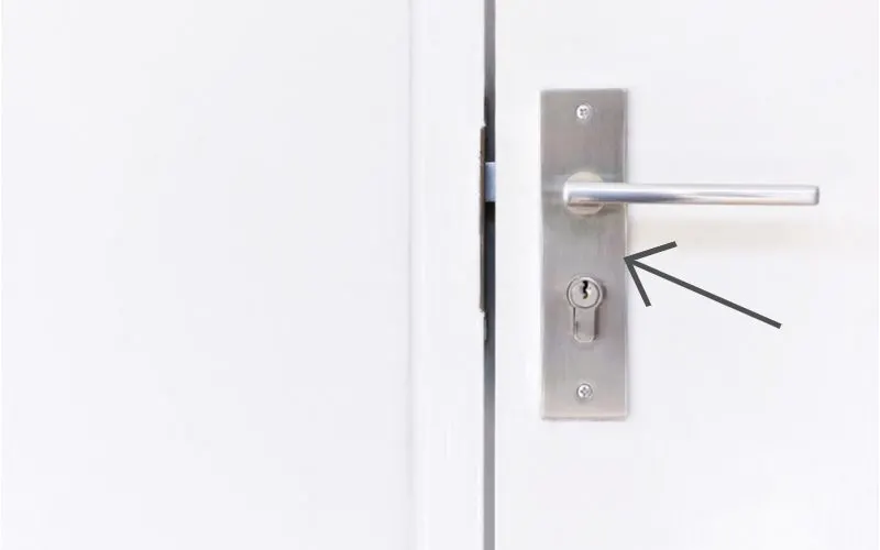 Image of a backplate, one of the most important parts of a door knob, on a modern white door