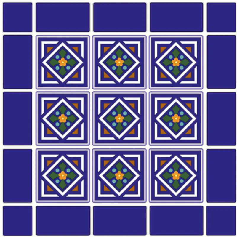 A blue and yellow and green colorful tile that would look great in a Mexican kitchen