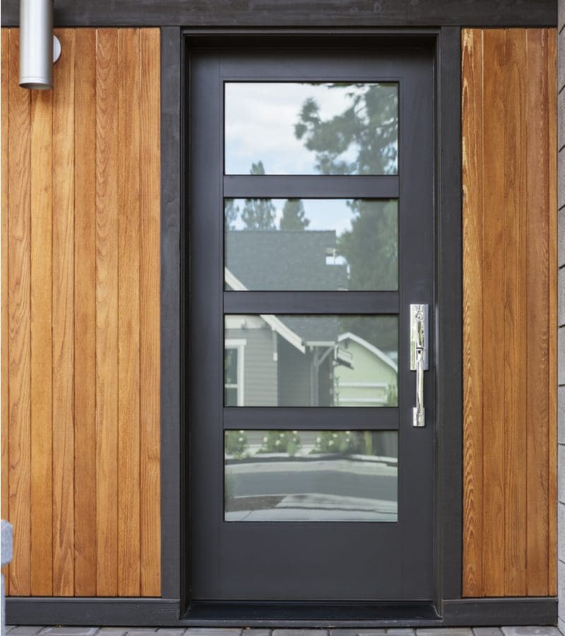 Modern black door with frosted windows sandwiched by vertical wooden slats