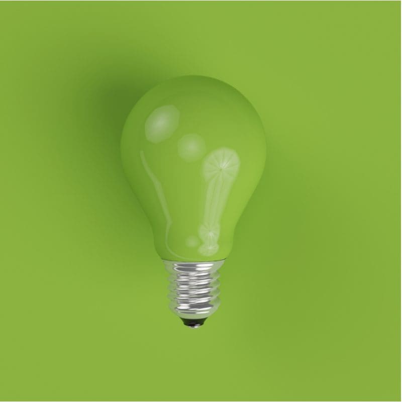 Green porch light bulb laid out on a green background in a simple photo