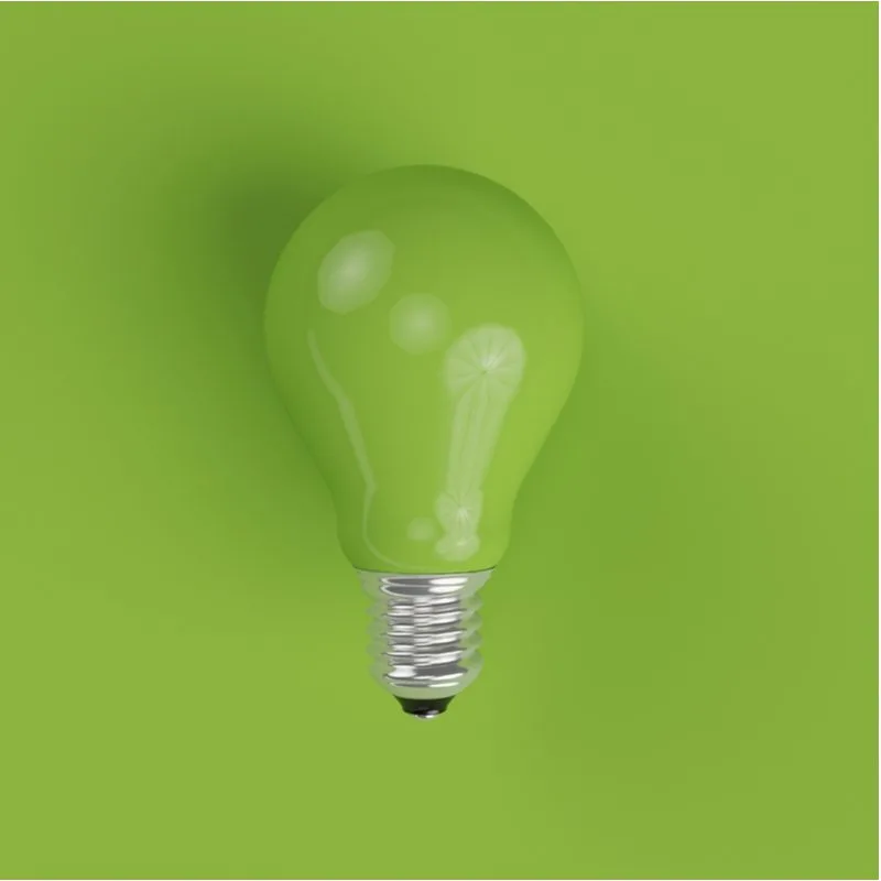 Green porch light bulb laid out on a green background in a simple photo