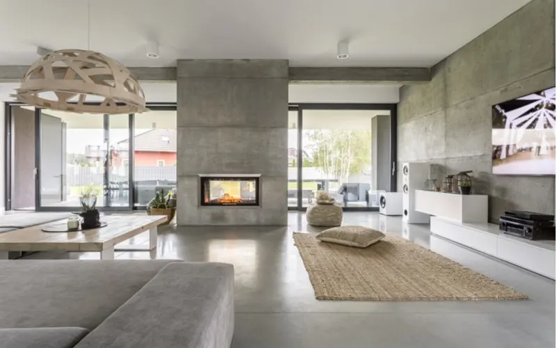 Modern living room with fireplace in a giant open modern floorplan