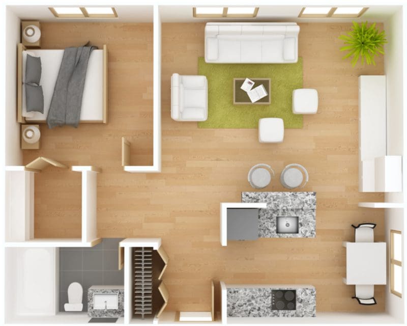 Graphic floorplan of an apartment for a piece on average apartment bedroom size