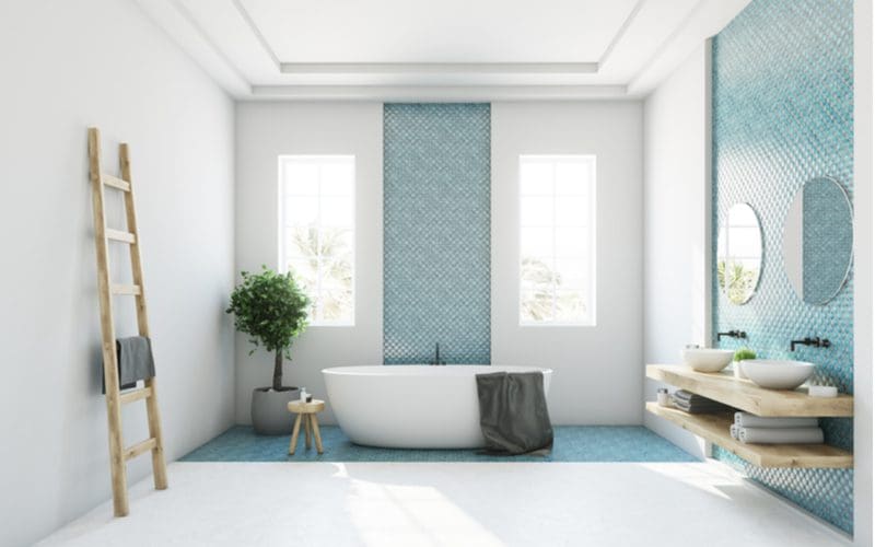 Tiled Accent Walls in teal and white for a piece on bathroom ideas