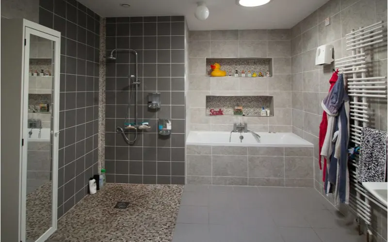 Walk in shower idea with shelves above a white porcelain drop-in tub