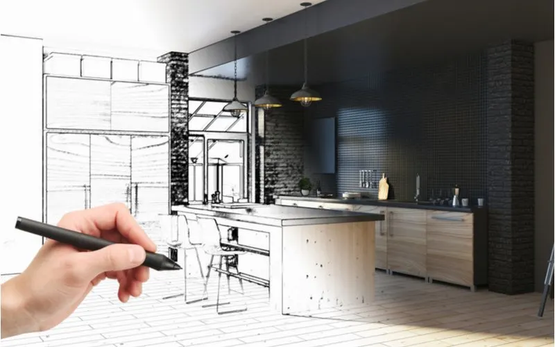 To illustrate what kitchen design software does, a hand drawing a kitchen in a horizontal photo-realistic image coming to life