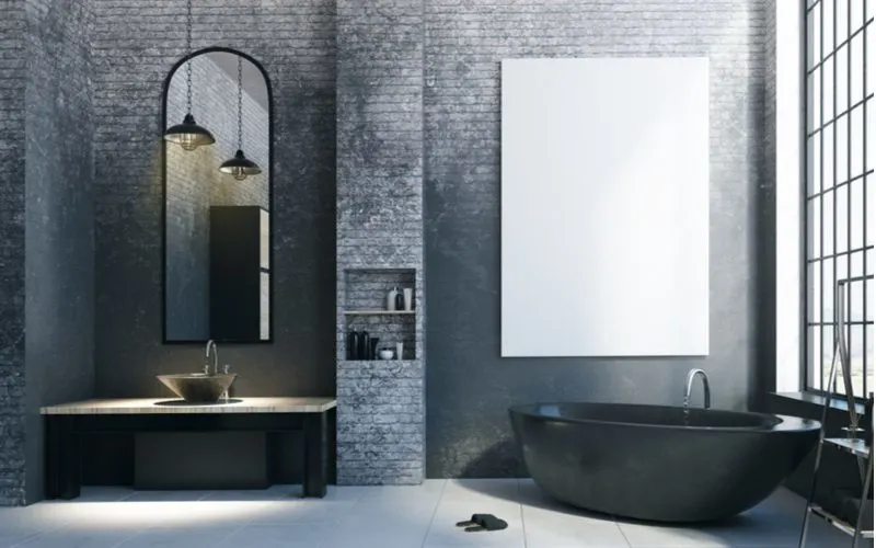 Brick city bathroom idea in front of a large floor-to-ceiling window