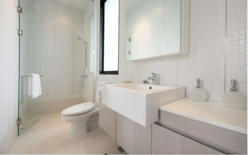 Clean and fresh small bathroom idea with shower featuring a simple farmhouse sink, a glass-doored shower, and a small elongated toilet in a skinny bathroom