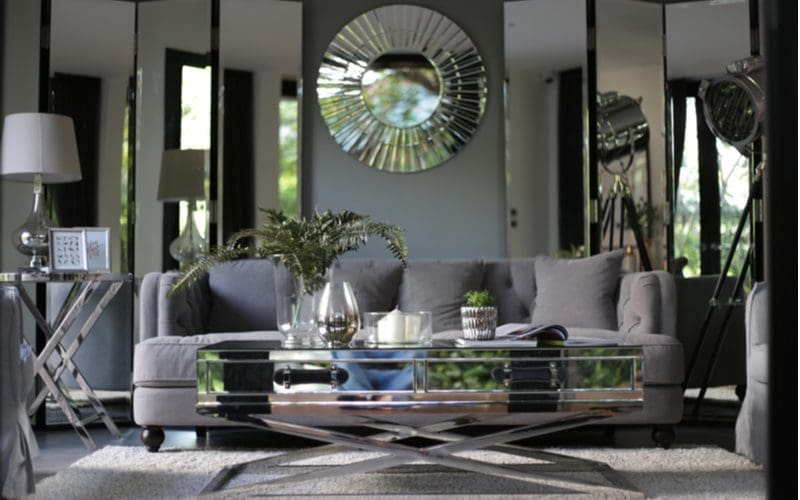 Dark Grey Hardwood Floors With Light Grey Rug in a modern living room