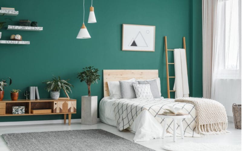 Grey bedroom idea featuring a green accent wall alongside grey furniture and bed linens