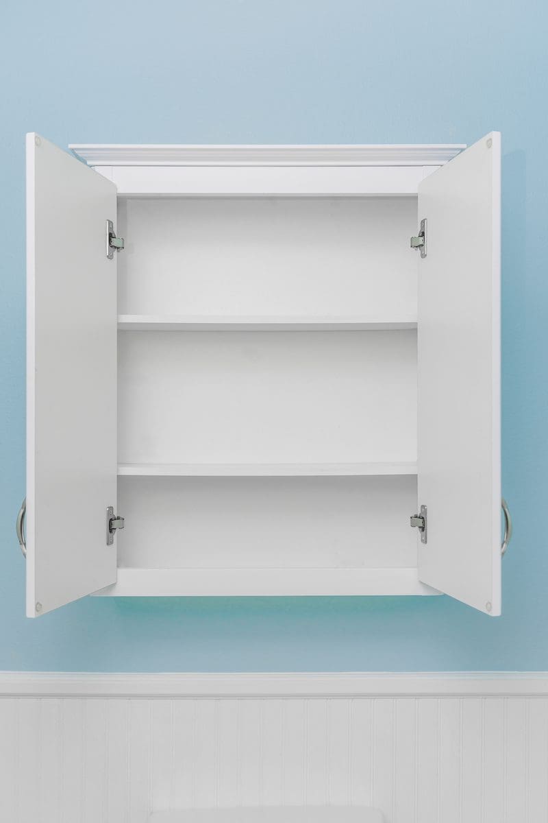 Bathroom cabinet shelves, white in color, mounted to a light blue wall above a half-wainscoted wall